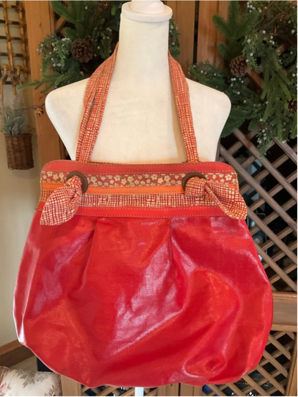 Vintage FOSSIL Shoulder Bag Coated Red Canvas Large Tote Purse Ties - Picture 4 of 6